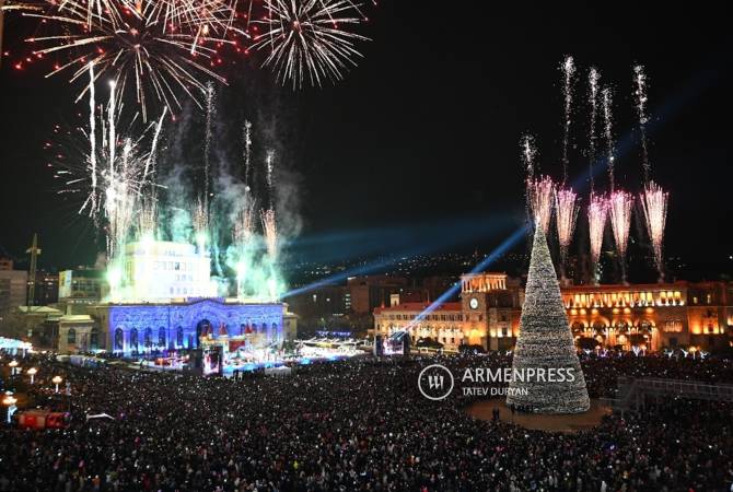 Participants of "Junior Eurovision 2022" annunciate start of the contest by turning on the lights of main Christmas tree